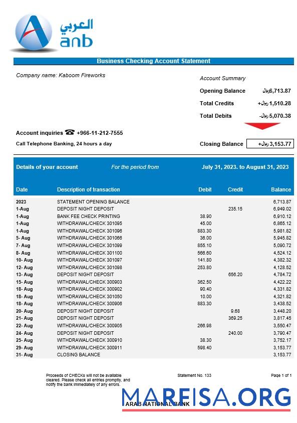 Blank Arab National Bank company checking account statement Word and PDF template